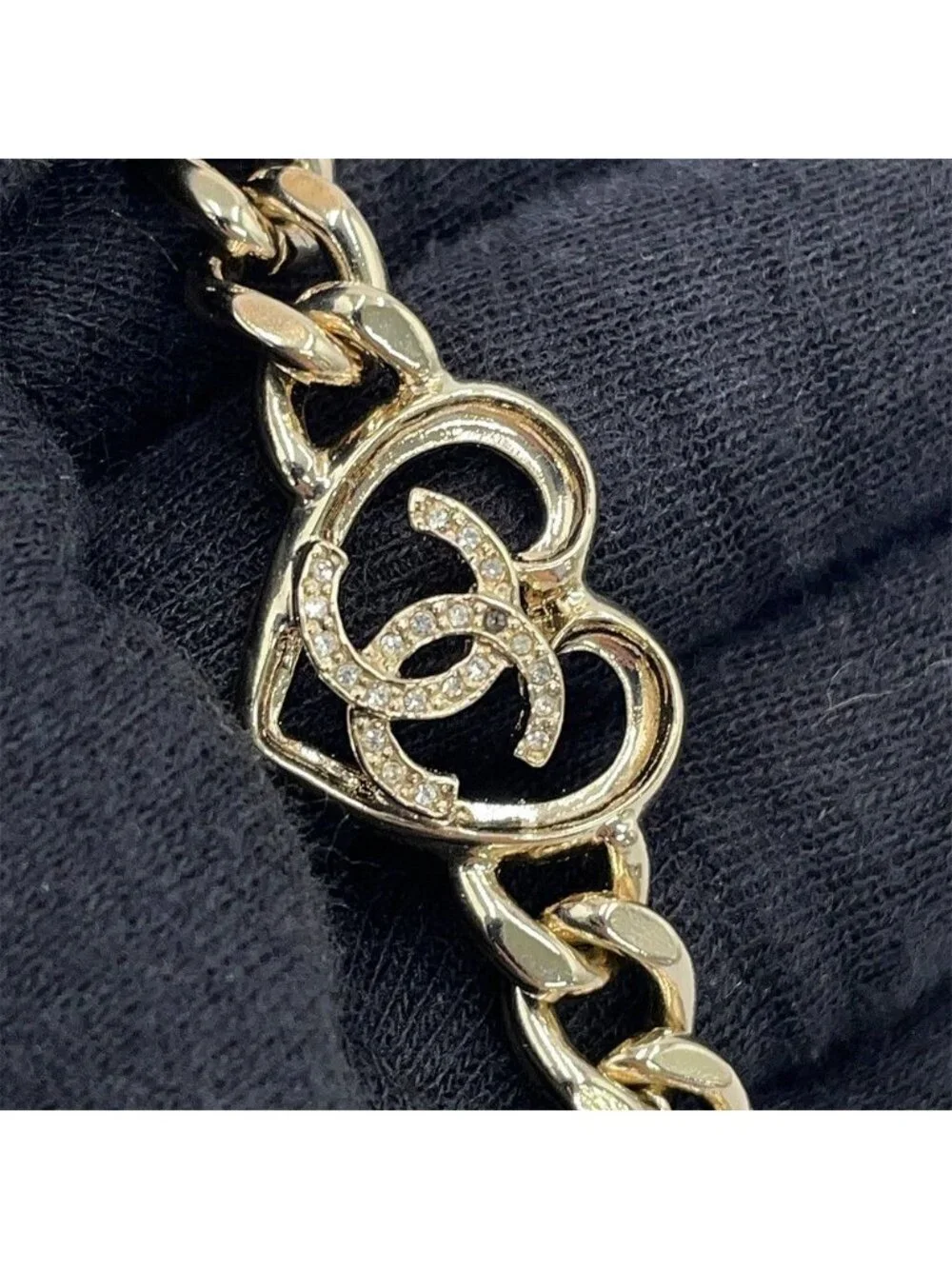 Chanel Necklace CC Logo Heart Choker Metal Rhinestone